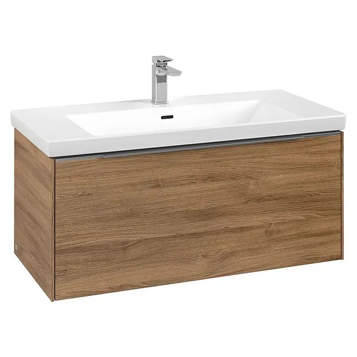 Villeroy & Boch Subway 3.0 Waschbeckenunterschrank - Kansas Oak, Anzahl Schubladen: 1 Stk., Farbe Griff: Aluminium glänzend, B x T x H: 97,3 x 47,8 x 42,9 cm, Ohne Beleuchtung - Wandmontierter Badunterschrank mit weißem Keramikwaschbecken, Chromarmatur und hellbraunem Holzschrank.