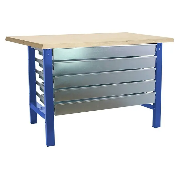 Simonrack Simonwork Banco de trabajo BT6L Box - L x An: 75 x 150 cm, Altura de trabajo: 86,5 cm, Carga soportada: 775 kg, Azul - Banco de trabajo con tablero de madera clara, estructura de metal azul y cinco cajones metálicos galvanizados.