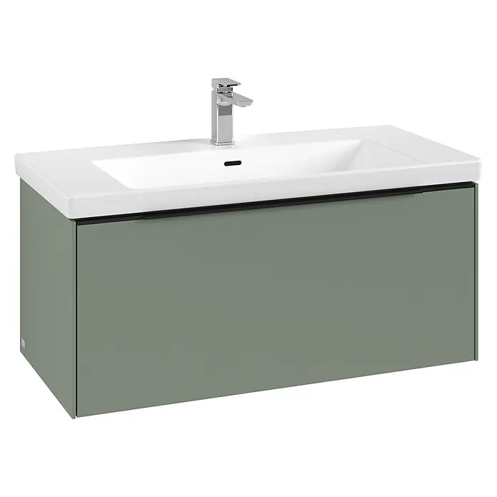 Villeroy & Boch Subway 3.0 Waschbeckenunterschrank - Soft Green, Anzahl Schubladen: 1 Stk., Farbe Griff: Volcano Black, B x T x H: 97,3 x 47,8 x 42,9 cm, Ohne Beleuchtung - Moderner wandmontierter Waschtischunterschrank mit weißem Keramikbecken und salbeigrüner Front, inklusive Chromarmatur.