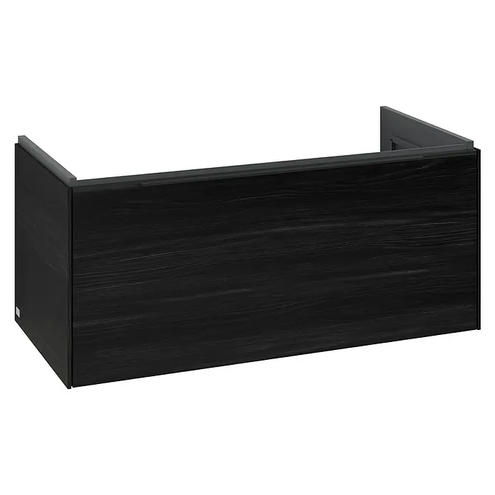 Villeroy & Boch Subway 3.0 Waschbeckenunterschrank - Black Oak, Anzahl Schubladen: 1 Stk., Farbe Griff: Volcano Black, B x T x H: 97,3 x 47,8 x 42,9 cm, Mit Beleuchtung - Schwarzer Holzmaserung-Unterschrank mit grauer Zierleiste.