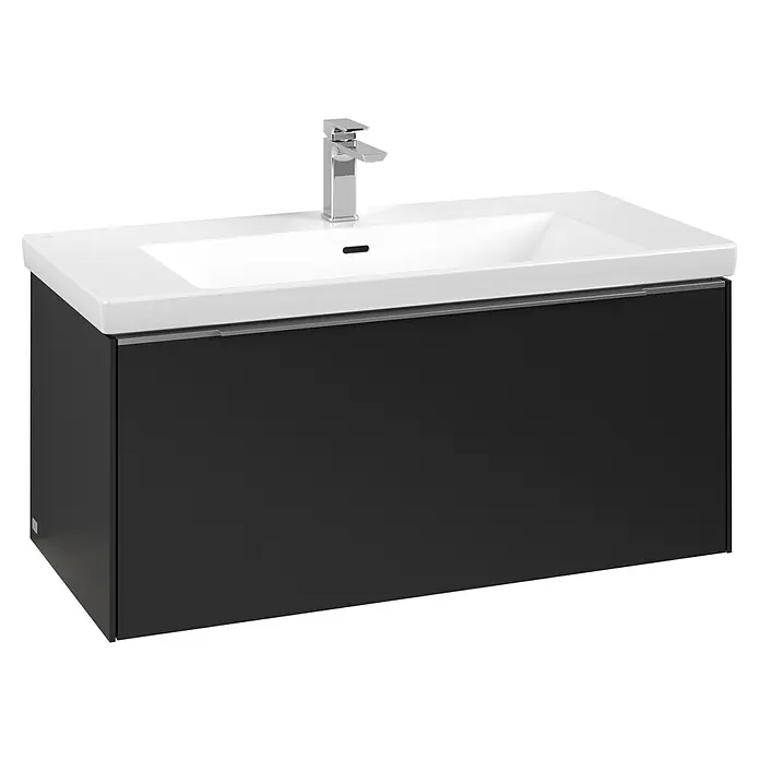 Villeroy & Boch Subway 3.0 Waschbeckenunterschrank - Volcano Black, Anzahl Schubladen: 1 Stk., Farbe Griff: Aluminium glänzend, B x T x H: 97,3 x 47,8 x 42,9 cm, Mit Beleuchtung - Dunkelgrauer wandhängender Badwaschtisch mit weißem Keramikbecken und Chromarmatur.