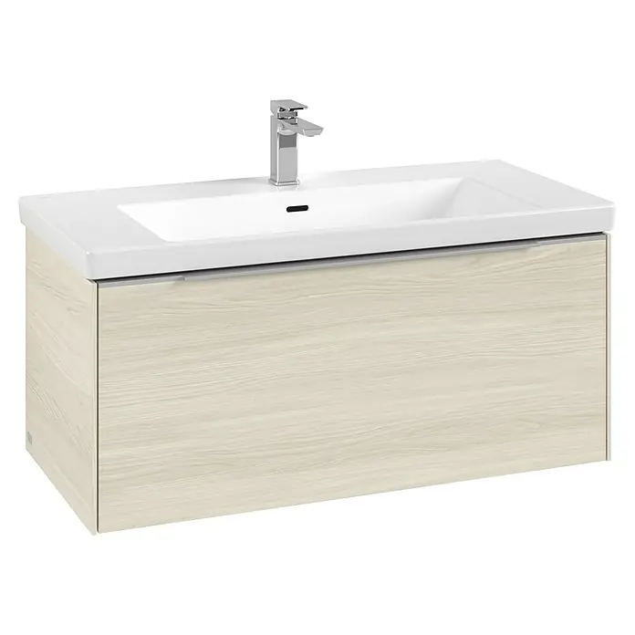 Villeroy & Boch Subway 3.0 Waschbeckenunterschrank - White Oak, Anzahl Schubladen: 1 Stk., Farbe Griff: Aluminium glänzend, B x T x H: 97,3 x 47,8 x 42,9 cm, Ohne Beleuchtung - Waschtischunterschrank in heller Holzoptik mit weißem integriertem Waschbecken und Chromarmatur.