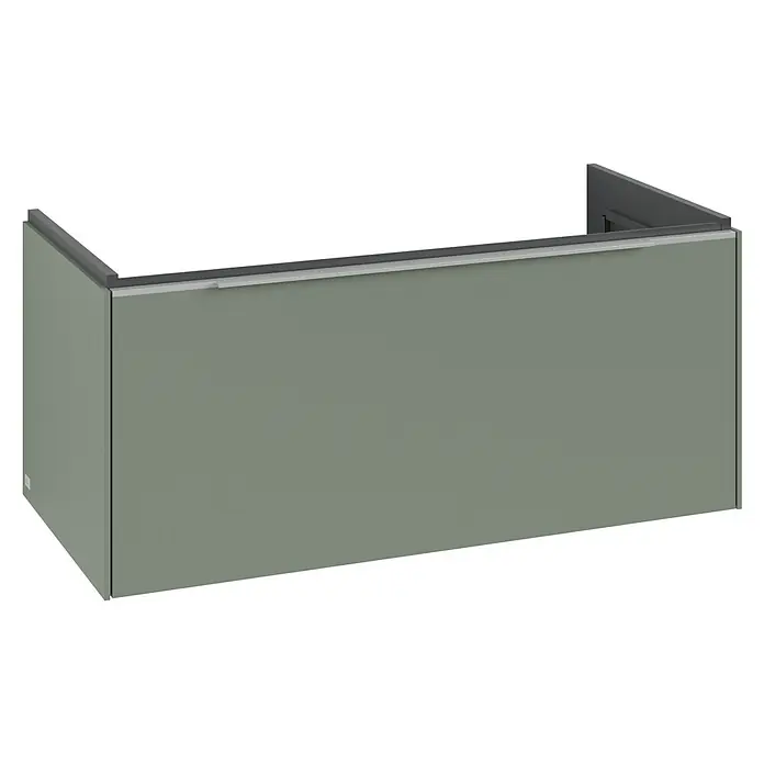 Villeroy & Boch Subway 3.0 Waschbeckenunterschrank - Soft Green, Anzahl Schubladen: 1 Stk., Farbe Griff: Aluminium glänzend, B x T x H: 97,3 x 47,8 x 42,9 cm, Mit Beleuchtung - Rechteckige Badewannenverkleidung in mattem Grün mit dunkler Oberkante und hellerer Zierleiste.