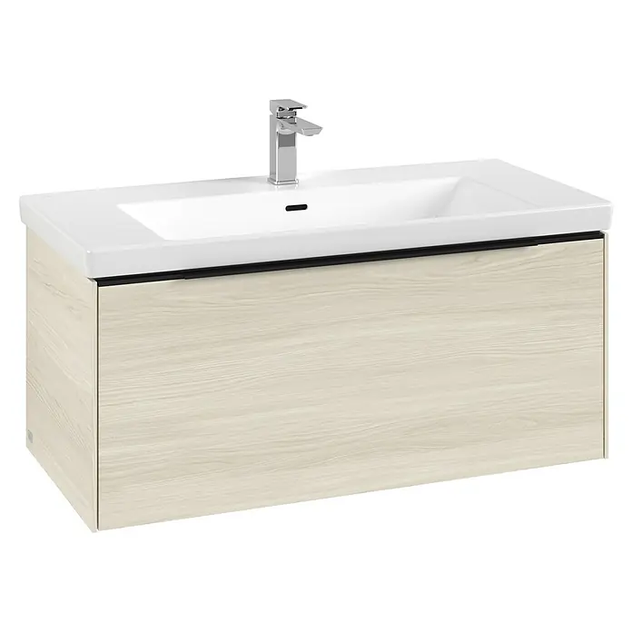 Villeroy & Boch Subway 3.0 Waschbeckenunterschrank - White Oak, Anzahl Schubladen: 1 Stk., Farbe Griff: Volcano Black, B x T x H: 97,3 x 47,8 x 42,9 cm, Mit Beleuchtung - Wandhängender Waschtischunterschrank in heller Holzoptik mit integriertem weißen Keramikbecken und Chromarmatur.