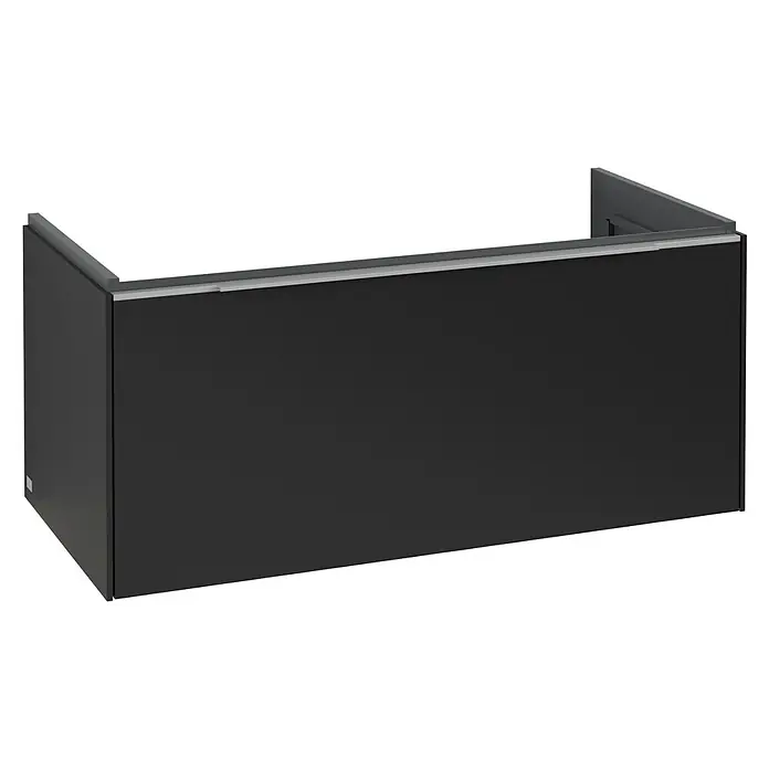 Villeroy & Boch Subway 3.0 Waschbeckenunterschrank - Volcano Black, Anzahl Schubladen: 1 Stk., Farbe Griff: Aluminium glänzend, B x T x H: 97,3 x 47,8 x 42,9 cm, Mit Beleuchtung - Anthrazitfarbener Waschtischunterschrank mit horizontalem silberfarbenem Griff.