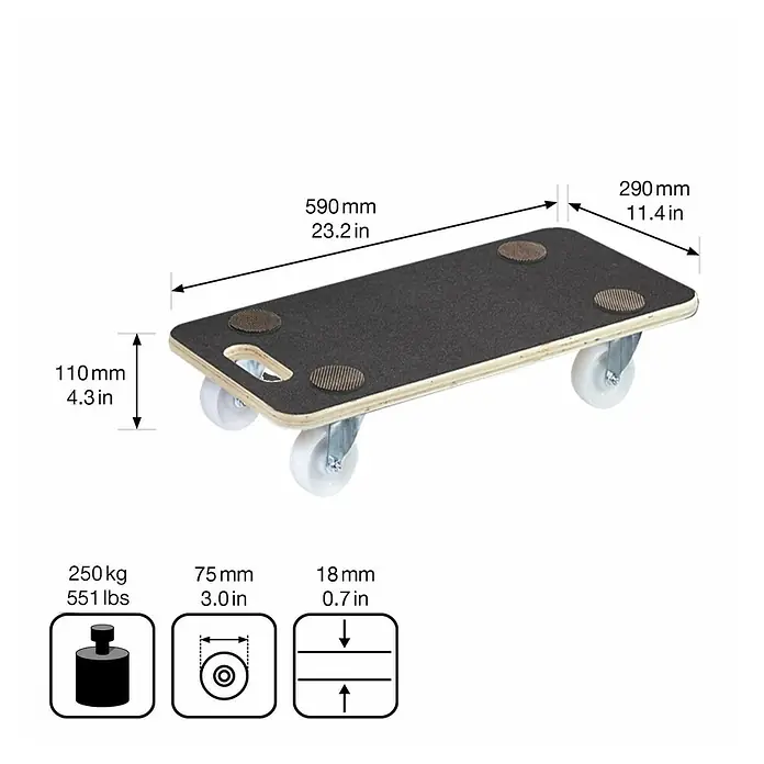 Wagner System Base con ruedas MM 1609 - L x An x Al: 57,5 x 29 x 11 cm, Capacidad de carga: 250 kg, Madera - Imagen del producto de una plataforma rodante para muebles con especificaciones técnicas.