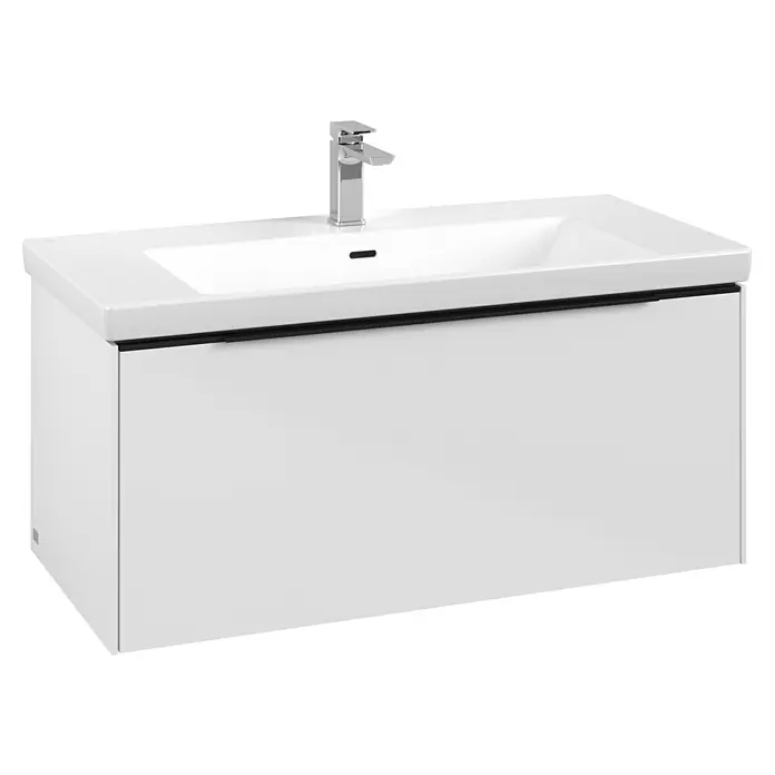Villeroy & Boch Subway 3.0 Waschbeckenunterschrank - Brilliant White, Anzahl Schubladen: 1 Stk., Farbe Griff: Volcano Black, B x T x H: 97,3 x 47,8 x 42,9 cm, Ohne Beleuchtung - Weißer Badunterschrank mit integriertem Waschbecken und Chromarmatur.