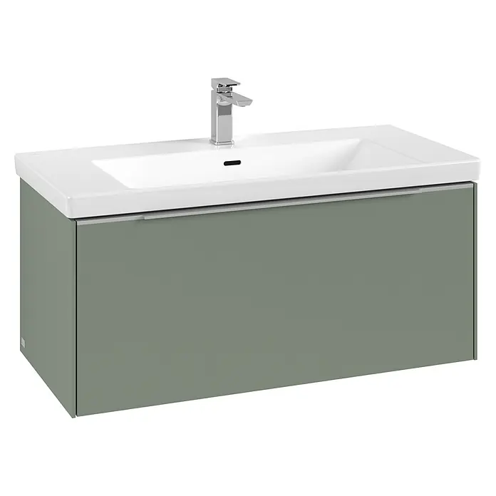 Villeroy & Boch Subway 3.0 Waschbeckenunterschrank - Soft Green, Anzahl Schubladen: 1 Stk., Farbe Griff: Aluminium glänzend, B x T x H: 97,3 x 47,8 x 42,9 cm, Ohne Beleuchtung - Wandhängender Waschtischunterschrank mit weißem Keramikbecken, Chromarmatur und mattem salbeigrünen Schrank.
