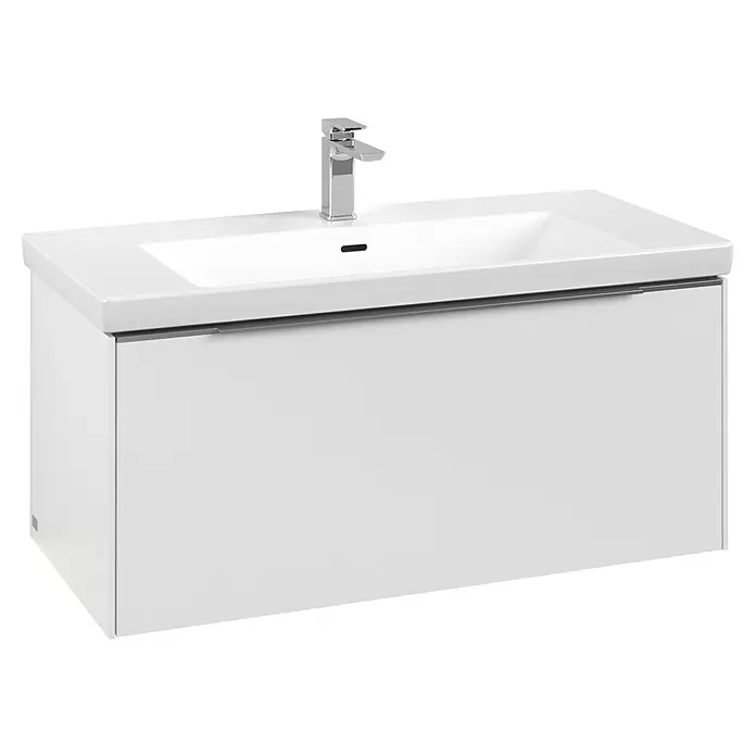 Villeroy & Boch Subway 3.0 Waschbeckenunterschrank - Pure White, Anzahl Schubladen: 1 Stk., Farbe Griff: Aluminium glänzend, B x T x H: 97,3 x 47,8 x 42,9 cm, Mit Beleuchtung - Weißer Badunterschrank mit integriertem Rechteckwaschbecken und Chromarmatur.