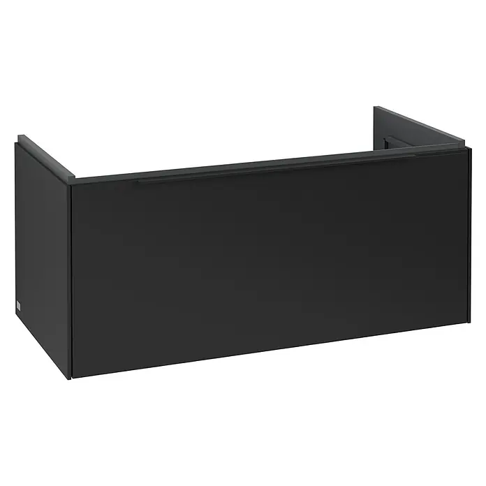 Villeroy & Boch Subway 3.0 Waschbeckenunterschrank - Volcano Black, Anzahl Schubladen: 1 Stk., Farbe Griff: Volcano Black, B x T x H: 97,3 x 47,8 x 42,9 cm, Ohne Beleuchtung - Dunkelgraue/schwarze Badewannenverkleidung zur Verdeckung der Wannenseite.