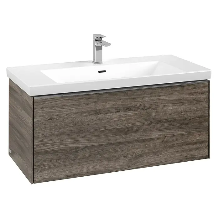 Villeroy & Boch Subway 3.0 Waschbeckenunterschrank - Stone Oak, Anzahl Schubladen: 1 Stk., Farbe Griff: Aluminium glänzend, B x T x H: 97,3 x 47,8 x 42,9 cm, Mit Beleuchtung - Badunterschrank mit dunkler Holzoptik, integriertem weißen Keramikwaschbecken und Chromarmatur.