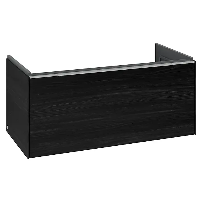 Villeroy & Boch Subway 3.0 Waschbeckenunterschrank - Black Oak, Anzahl Schubladen: 1 Stk., Farbe Griff: Aluminium glänzend, B x T x H: 97,3 x 47,8 x 42,9 cm, Ohne Beleuchtung - Schwarze, holzgemaserte Schubladenfront mit integriertem grauem Griffprofil.