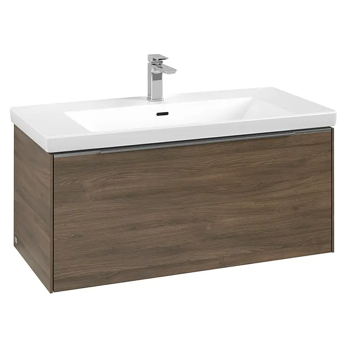 Villeroy & Boch Subway 3.0 Waschbeckenunterschrank - Arizona Oak, Anzahl Schubladen: 1 Stk., Farbe Griff: Aluminium glänzend, B x T x H: 97,3 x 47,8 x 42,9 cm, Mit Beleuchtung - Dunkler Holz-Waschtischunterschrank mit integriertem weißen Waschbecken und Chromarmatur für ein modernes Bad.