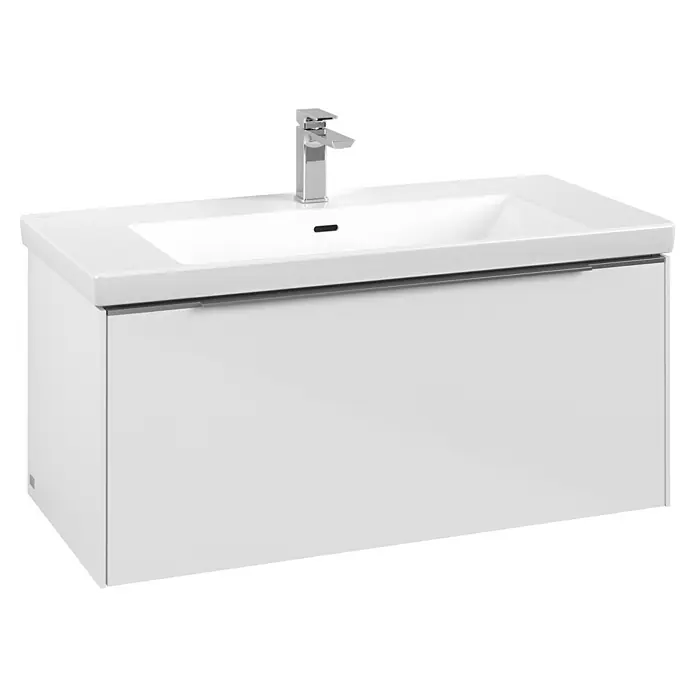 Villeroy & Boch Subway 3.0 Waschbeckenunterschrank - Brilliant White, Anzahl Schubladen: 1 Stk., Farbe Griff: Aluminium glänzend, B x T x H: 97,3 x 47,8 x 42,9 cm, Ohne Beleuchtung - Weißer Badunterschrank mit integriertem Waschbecken und Chromarmatur.