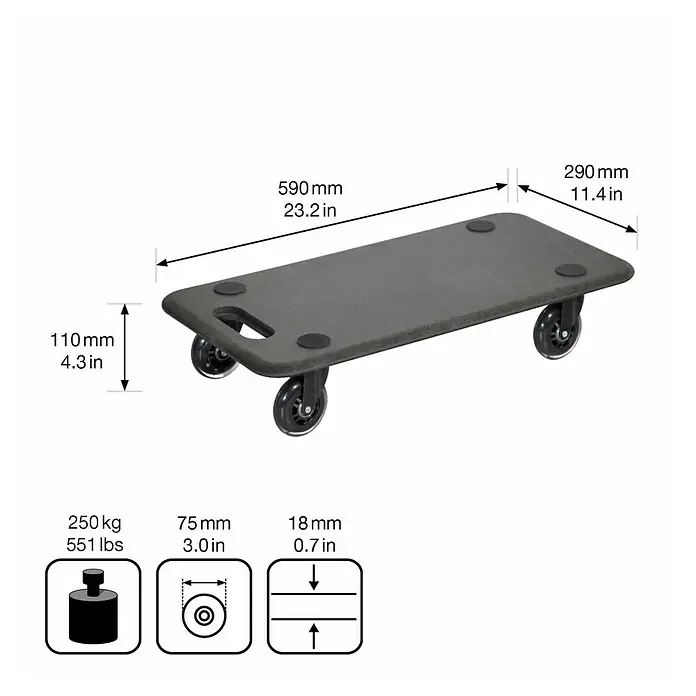 Wagner System Base con ruedas MM 1611 - L x An x Al: 59 x 29 x 11 cm, Capacidad de carga: 250 kg, Madera - Dimensiones y especificaciones del patín para muebles, que tiene una capacidad de carga de 250 kg.