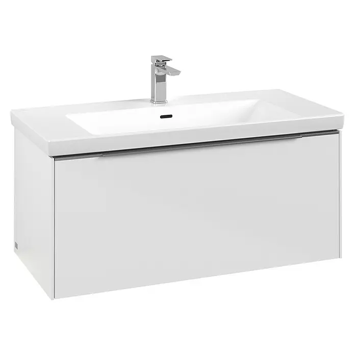 Villeroy & Boch Subway 3.0 Waschbeckenunterschrank - Brilliant White, Anzahl Schubladen: 1 Stk., Farbe Griff: Aluminium glänzend, B x T x H: 97,3 x 47,8 x 42,9 cm, Mit Beleuchtung - Weißer Badunterschrank mit integriertem Waschbecken und Chromarmatur.