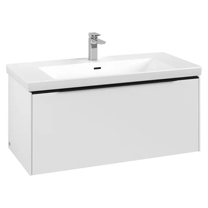Villeroy & Boch Subway 3.0 Waschbeckenunterschrank - Pure White, Anzahl Schubladen: 1 Stk., Farbe Griff: Volcano Black, B x T x H: 97,3 x 47,8 x 42,9 cm, Ohne Beleuchtung - Weißer wandmontierter Waschtischunterschrank mit integriertem Waschbecken, Chromarmatur und schwarzem Griff.