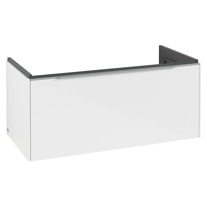 Villeroy & Boch Subway 3.0 Waschbeckenunterschrank - Brilliant White, Anzahl Schubladen: 1 Stk., Farbe Griff: Aluminium glänzend, B x T x H: 97,3 x 47,8 x 42,9 cm, Mit Beleuchtung - Weißer Unterschrank mit dunkelgrauer Oberkante.