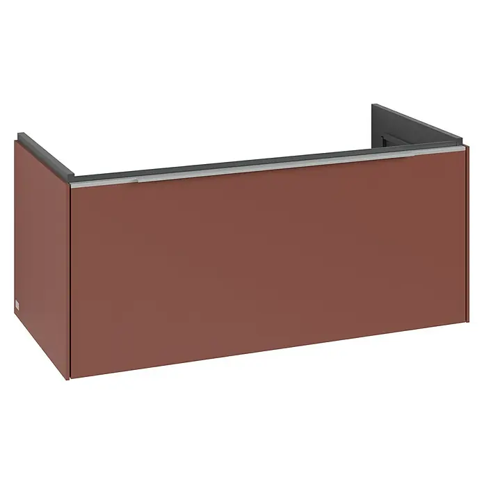 Villeroy & Boch Subway 3.0 Waschbeckenunterschrank - Wine Red, Anzahl Schubladen: 1 Stk., Farbe Griff: Aluminium glänzend, B x T x H: 97,3 x 47,8 x 42,9 cm, Mit Beleuchtung - Rechteckige, terrakottafarbene Platte mit grauem Zierstreifen entlang der offenen Oberkante.