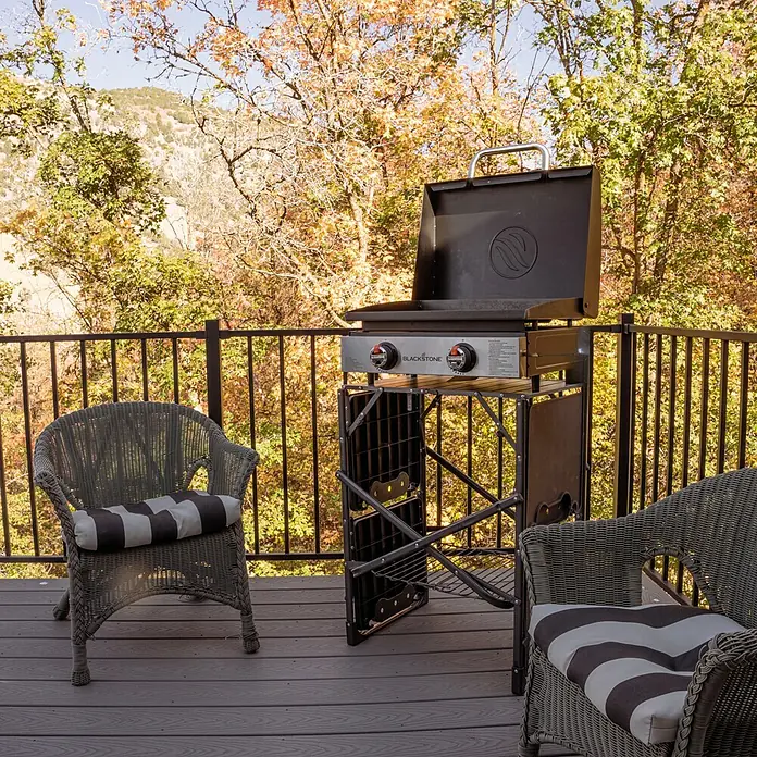 Blackstone Plancha Grill 22" - Superficie de la parrilla (An x Pr): 57 x 41,5 cm, Negro, Número de quemadores: 2 ud. - Una parrilla portátil negra Blackstone con la tapa levantada se encuentra en una terraza con follaje de otoño al fondo.