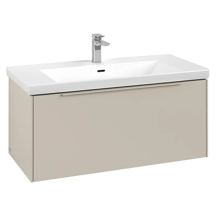 Villeroy & Boch Subway 3.0 Waschbeckenunterschrank - Cashmere Grey, Anzahl Schubladen: 1 Stk., Farbe Griff: Monochrom, B x T x H: 97,3 x 47,8 x 42,9 cm, Ohne Beleuchtung - Wandhängender beiger Badunterschrank mit integriertem weißem Keramikwaschbecken und Chromarmatur.
