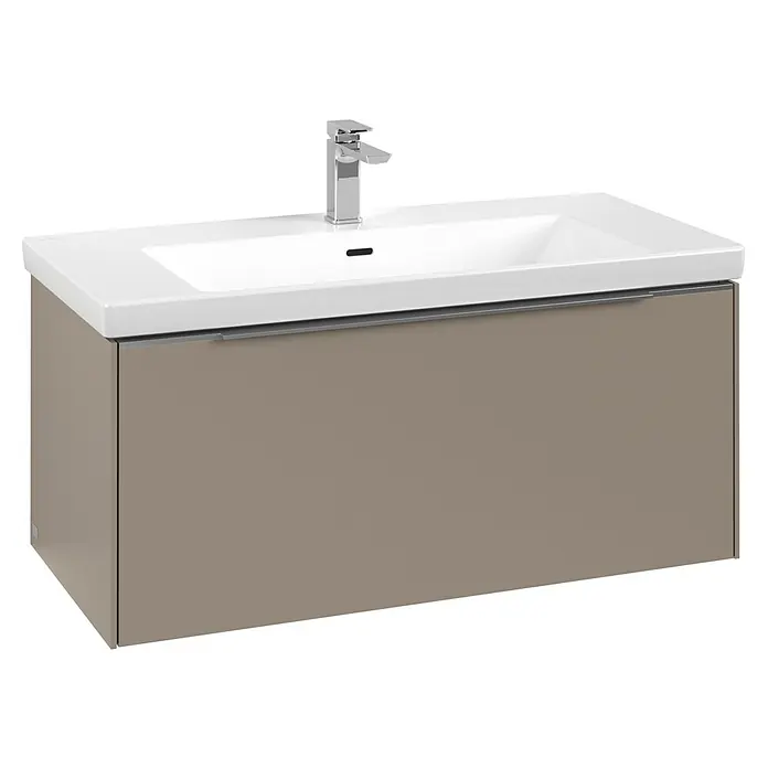 Villeroy & Boch Subway 3.0 Waschbeckenunterschrank - Taupe, Anzahl Schubladen: 1 Stk., Farbe Griff: Aluminium glänzend, B x T x H: 97,3 x 47,8 x 42,9 cm, Mit Beleuchtung - Taupe Waschtischunterschrank mit weißem Waschbecken und Chromarmatur.