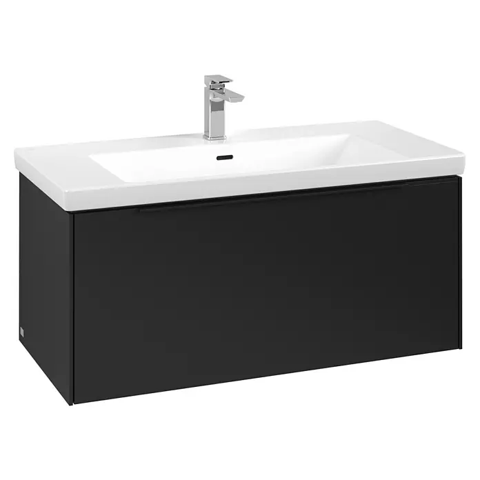 Villeroy & Boch Subway 3.0 Waschbeckenunterschrank - Volcano Black, Anzahl Schubladen: 1 Stk., Farbe Griff: Volcano Black, B x T x H: 97,3 x 47,8 x 42,9 cm, Ohne Beleuchtung - Schwarze wandhängende Waschtisch-Kombination mit weißem Becken und Chromarmatur.