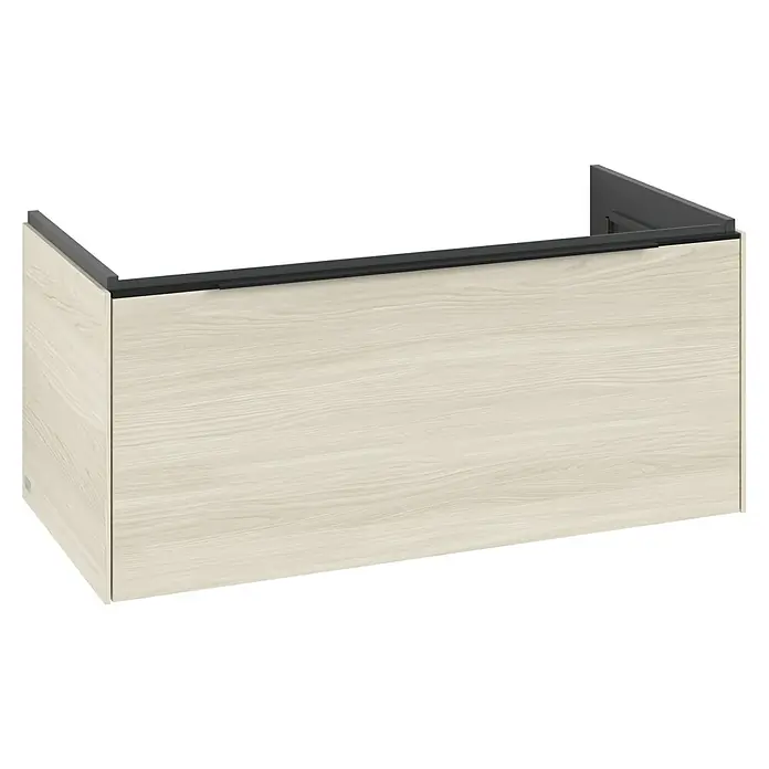 Villeroy & Boch Subway 3.0 Waschbeckenunterschrank - White Oak, Anzahl Schubladen: 1 Stk., Farbe Griff: Volcano Black, B x T x H: 97,3 x 47,8 x 42,9 cm, Mit Beleuchtung - Helles Holzmaserung Wandwaschtischunterschrank mit dunkelgrauen integrierten Griffen.