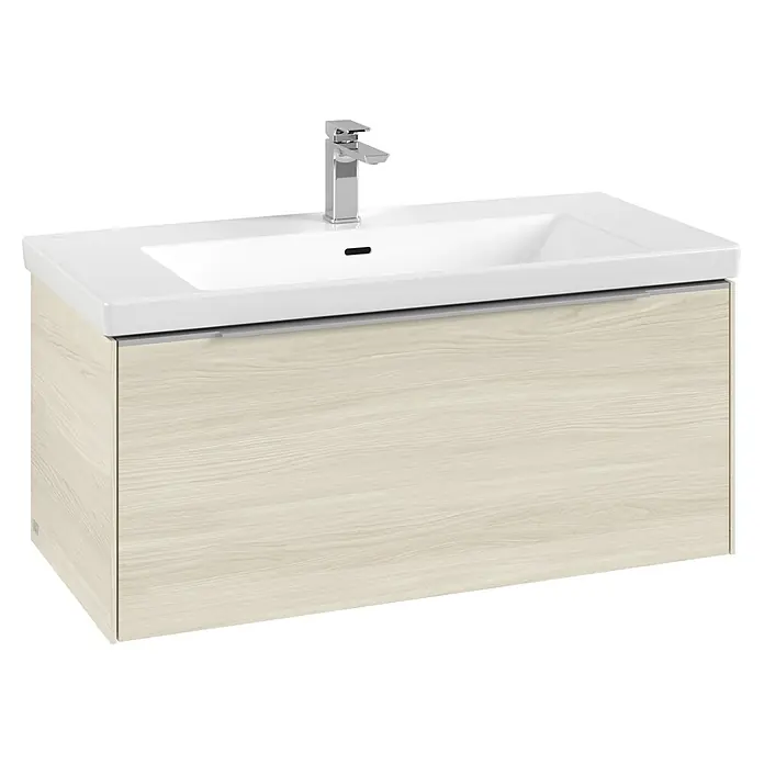 Villeroy & Boch Subway 3.0 Waschbeckenunterschrank - White Oak, Anzahl Schubladen: 1 Stk., Farbe Griff: Aluminium glänzend, B x T x H: 97,3 x 47,8 x 42,9 cm, Mit Beleuchtung - Helles Badmöbel in Holzoptik mit integriertem weißen Keramikwaschbecken und Chromarmatur.
