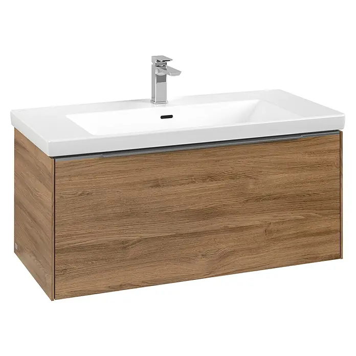 Villeroy & Boch Subway 3.0 Waschbeckenunterschrank - Kansas Oak, Anzahl Schubladen: 1 Stk., Farbe Griff: Aluminium glänzend, B x T x H: 97,3 x 47,8 x 42,9 cm, Mit Beleuchtung - Wandhängender Waschtischunterschrank mit Eichenholzoptik, integriertem Keramikwaschbecken und Chromarmatur.