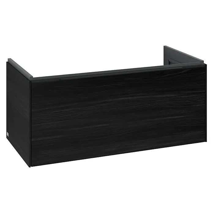Villeroy & Boch Subway 3.0 Waschbeckenunterschrank - Black Oak, Anzahl Schubladen: 1 Stk., Farbe Griff: Volcano Black, B x T x H: 97,3 x 47,8 x 42,9 cm, Ohne Beleuchtung - Schwarze Waschtischplatte mit Holzstruktur und grauer Oberblende.