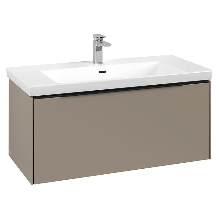 Villeroy & Boch Subway 3.0 Waschbeckenunterschrank - Taupe, Anzahl Schubladen: 1 Stk., Farbe Griff: Volcano Black, B x T x H: 97,3 x 47,8 x 42,9 cm, Ohne Beleuchtung - Moderne taupefarbene Badmöbelkombination mit weißem Keramikwaschbecken und Chromarmatur.