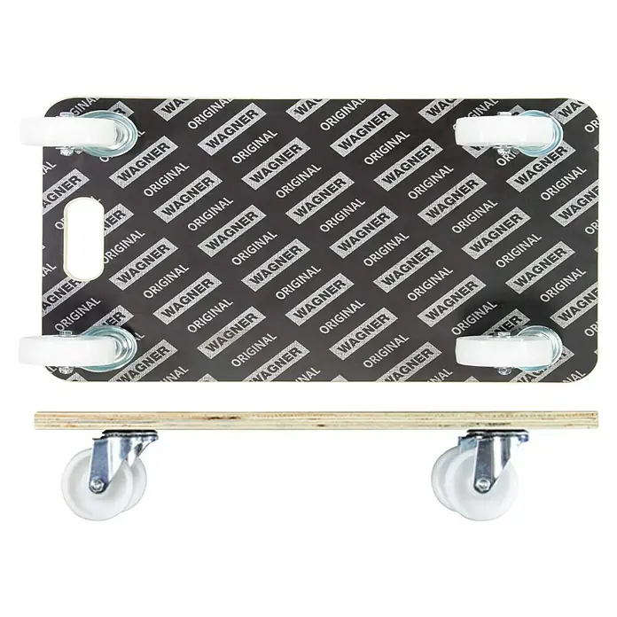 Wagner System Base con ruedas MM 1609 - L x An x Al: 57,5 x 29 x 11 cm, Capacidad de carga: 250 kg, Madera - Vista del producto de un carro para muebles con el logo "Wagner Original".