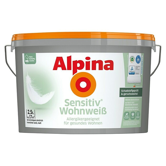 Alpina Wandfarbe Sensitiv Wohnweiss (Weiß, Matt, 2,5 l, Allergikergeeignet) | BAUHAUS