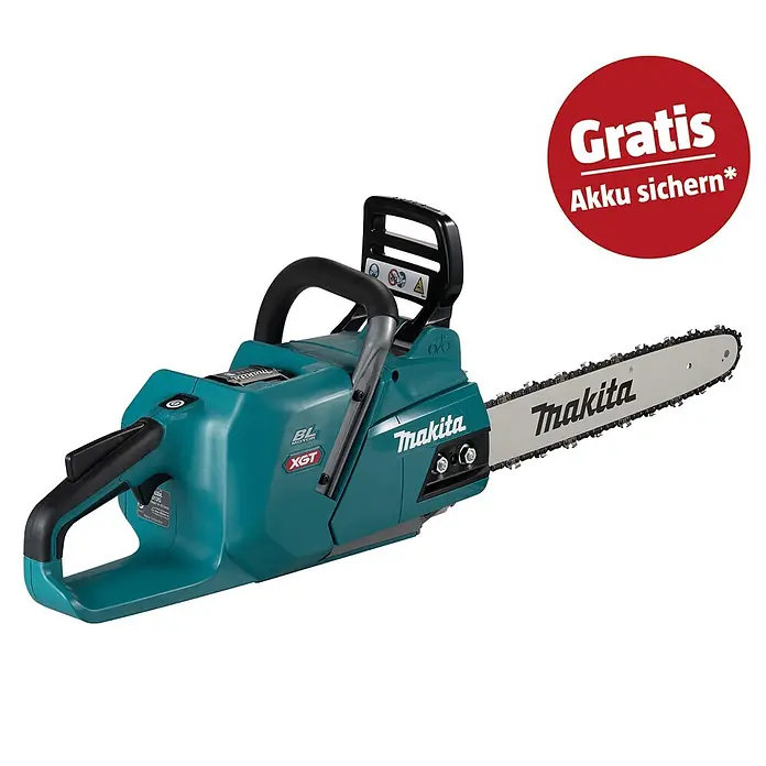 Makita XGT 40V max. Akku-Kettensäge UC012GT101 - 40 V, 5 Ah, Li-Ionen, 1 Akku, Schwertlänge: 40 cm - Makita Akku-Kettensäge in Türkis und Schwarz mit 'BL MOTOR XGT' und rotem 'GRATIS Akku sichern*' Aufkleber.