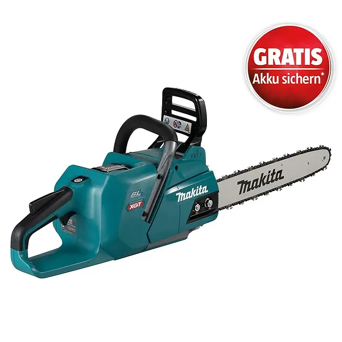 Makita XGT 40V max. Akku-Kettensäge UC012GT101 - 40 V, 5 Ah, Li-Ionen, 1 Akku, Schwertlänge: 40 cm - Makita Akku-Kettensäge in Türkis und Schwarz mit 'BL MOTOR XGT' und rotem 'GRATIS Akku sichern*' Aufkleber.