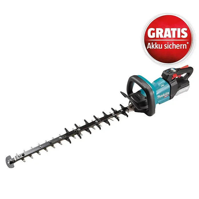 Makita XGT 40V max. Akku-Heckenschere UH006GZ - 40 V, Li-Ionen, Ohne Akku, Schnittlänge: 60 cm - Türkis-schwarze Makita XGT Heckenschere mit langer, scharfer Schneidklinge und rotem 'GRATIS Akku sichern*' Aufkleber.