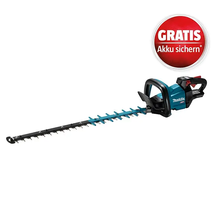 Makita XGT 40V max. Akku-Heckenschere UH005GZ - 40 V, Li-Ionen, Ohne Akku, Schnittlänge: 75 cm - Teal und schwarze Makita XGT Akku-Heckenschere mit langem Schwert.