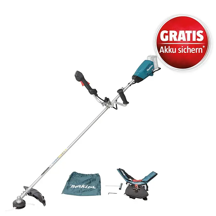 Makita XGT 40V max. Akku-Motorsense UR016GZ - 40 V, Ohne Akku, Schnittbreite Messer: 230 mm - Makita Akku-Motorsense in Türkis/Schwarz mit Gurt, Tasche und Werkzeug. Roter Sticker: 'GRATIS Akku sichern*'.