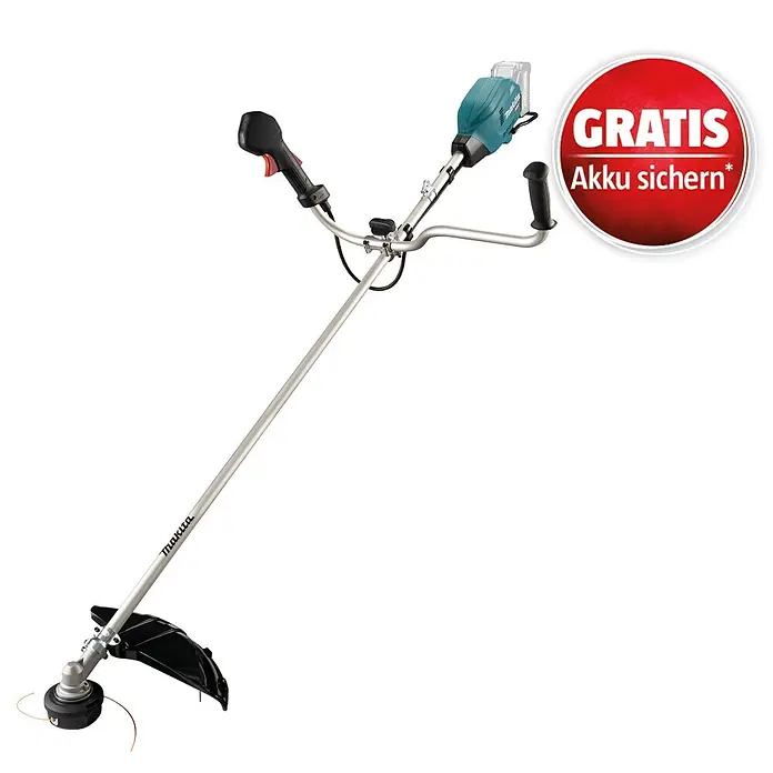 Makita XGT 40V max. Akku-Freischneider UR006GZ06 - 40 V, Ohne Akku, Schnittbreite Faden: 43 cm, Schnittbreite Messer: 25,5 cm - Makita Akku-Motorsense mit silbernem Schaft, schwarzem Griff und türkisfarbenem Motor, mit rotem "GRATIS Akku sichern*" Hinweis.