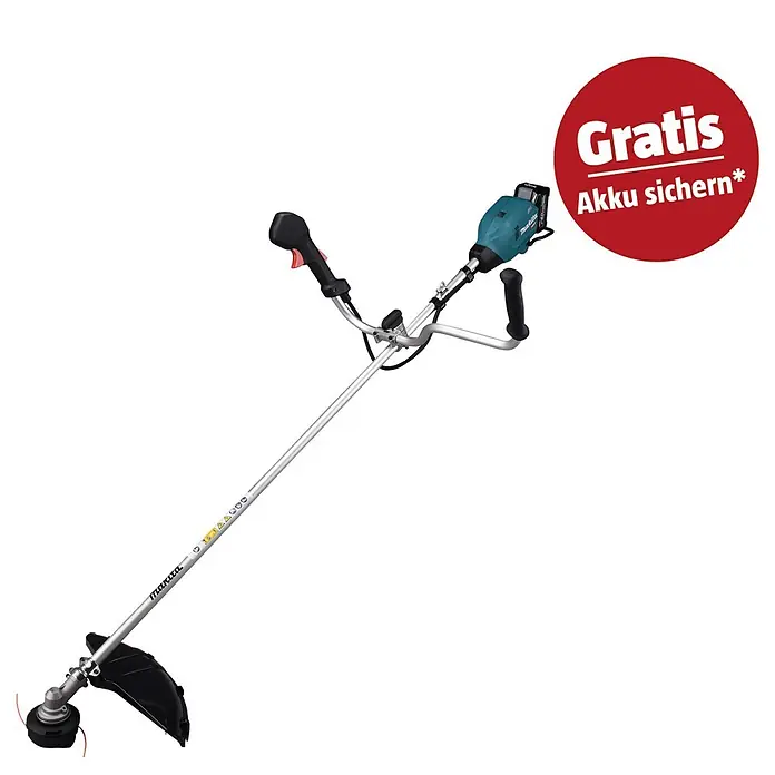 Makita XGT 40V max. Akku-Freischneider UR006GM102 - 40 V, 4 Ah, 1 Akku, Schnittbreite Faden: 43 cm, Schnittbreite Messer: 25,5 cm - Makita Akku-Motorsense mit silbernem Schaft, türkisem Motor und schwarzen Griffen, inklusive rotem 'GRATIS Akku sichern*'-Aufkleber.