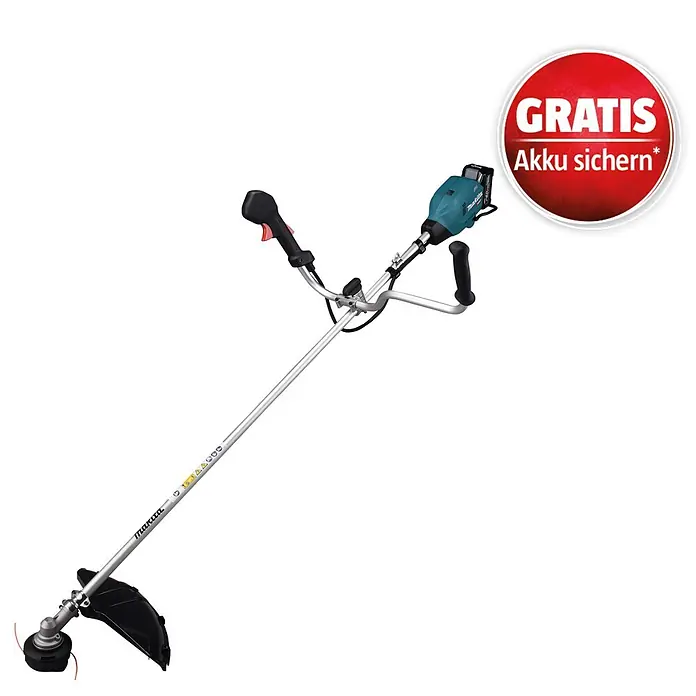 Makita XGT 40V max. Akku-Freischneider UR006GM102 - 40 V, 4 Ah, 1 Akku, Schnittbreite Faden: 43 cm, Schnittbreite Messer: 25,5 cm - Makita Akku-Motorsense mit silbernem Schaft, türkisem Motor und schwarzen Griffen, inklusive rotem 'GRATIS Akku sichern*'-Aufkleber.