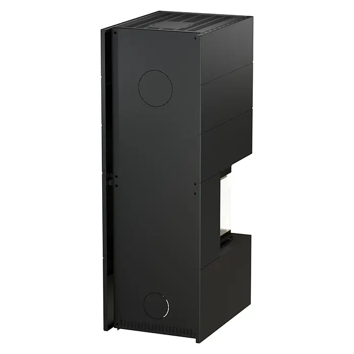 Kaminofen Adastra 500 Plus Line - 11 kW, Raumheizvermögen: 315 m³, Material Verkleidung: Stahl, Schwarz - Schwarzer Metalleinsatz für Kamin mit Lüftungsschlitzen und runden Zugängen.