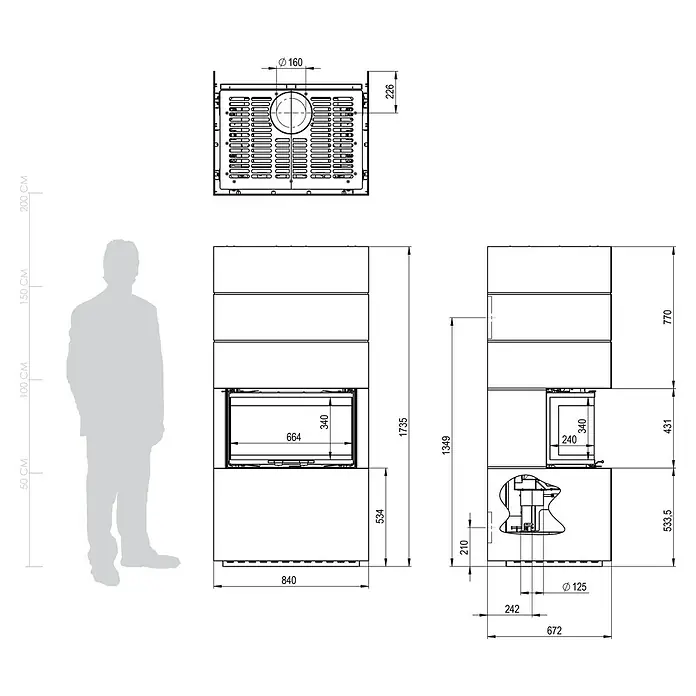 Kaminofen Adastra 700 Plus Line - 9,6 kW, Raumheizvermögen: 272 m³, Material Verkleidung: Stahl, Schwarz - Technische Zeichnung eines modernen Kamins, Vorder-, Seiten- und Draufsicht mit Maßen und menschlicher Silhouette zur Skalierung.