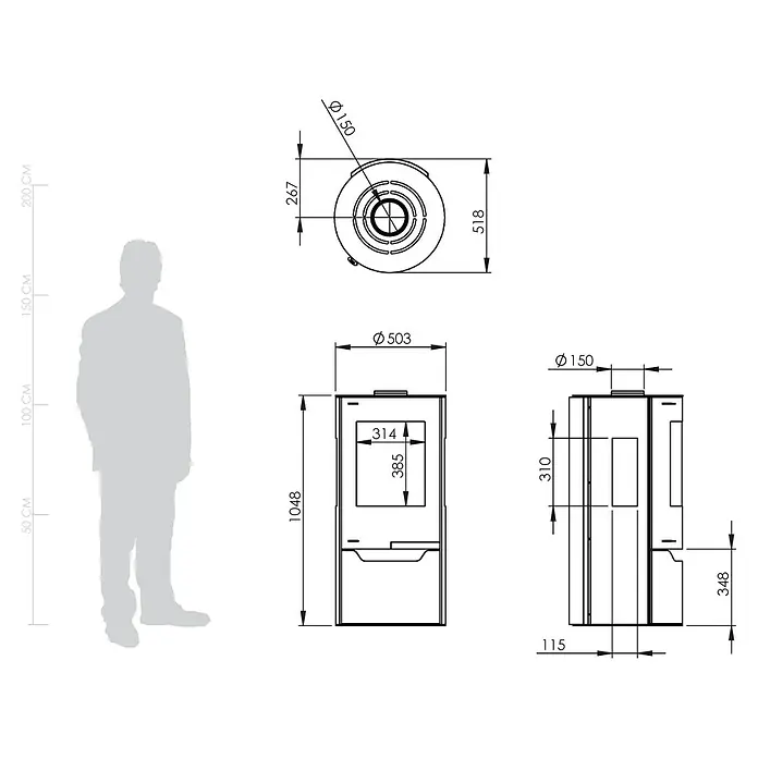 Kaminofen Hiron Trio V2 - 6 kW, Raumheizvermögen: 172 m³, Material Verkleidung: Stahl, Schwarz - Technische Zeichnung eines freistehenden Ofens mit detaillierten Maßen, dargestellt neben einer menschlichen Silhouette zum Größenvergleich.