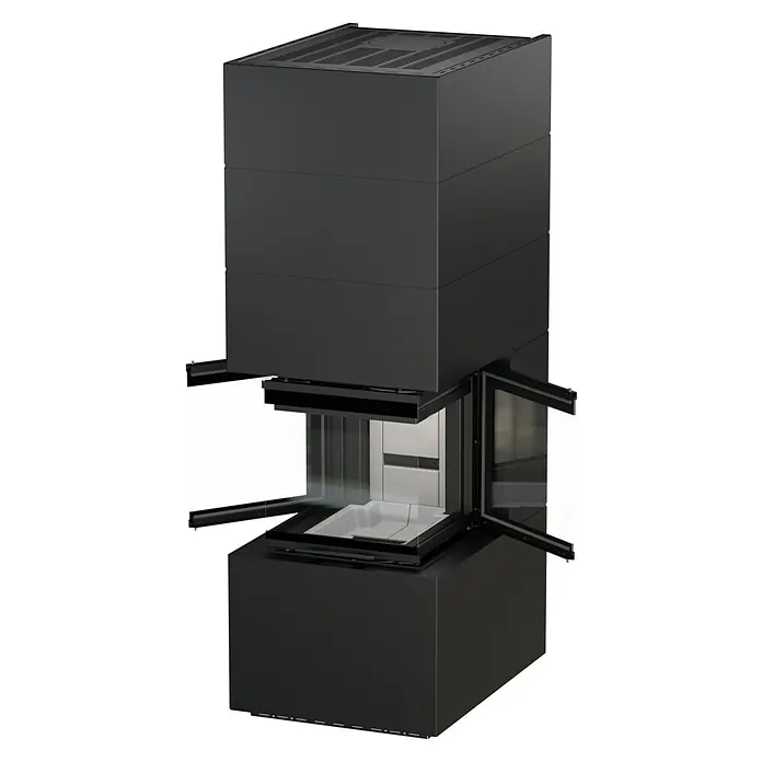 Kaminofen Adastra 500 Plus Line - 11 kW, Raumheizvermögen: 315 m³, Material Verkleidung: Stahl, Schwarz - Dunkelgrauer/schwarzer, moderner, quaderförmiger Kamin mit offenen Glastüren und transparentem Sichtbereich, mit weißer Innenschale.