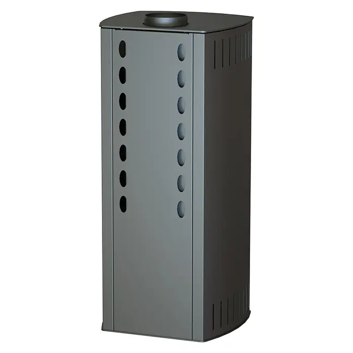 Kaminofen Alpha - 6 kW, Raumheizvermögen: 172 m³, Material Verkleidung: Stahl, Farbe Verkleidung: Gussgrau - Hohes, dunkelgraues Heizgerät aus Metall mit oberem Abgasanschluss und seitlichen Lüftungsöffnungen.