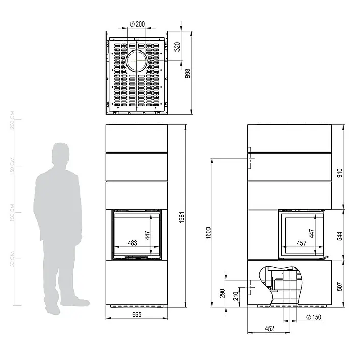 Kaminofen Adastra 500 Plus Line - 11 kW, Raumheizvermögen: 315 m³, Material Verkleidung: Stahl, Schwarz - Technische Zeichnung eines modernen Kaminofens mit Detailansichten von vorne, Seite und oben, inklusive Rauchrohrmaßen und Gesamthöhe.