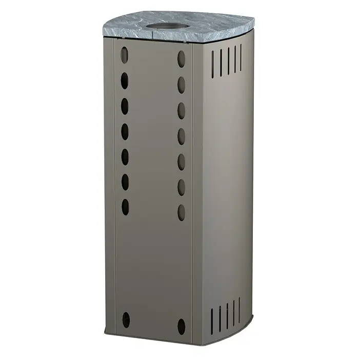 Kaminofen Alpha - 6 kW, Raumheizvermögen: 172 m³, Farbe Verkleidung: Naturstein - Rechteckiger grauer Metall-Heizkörper mit strukturierter grauer Steinplatte und Lüftungslöchern.