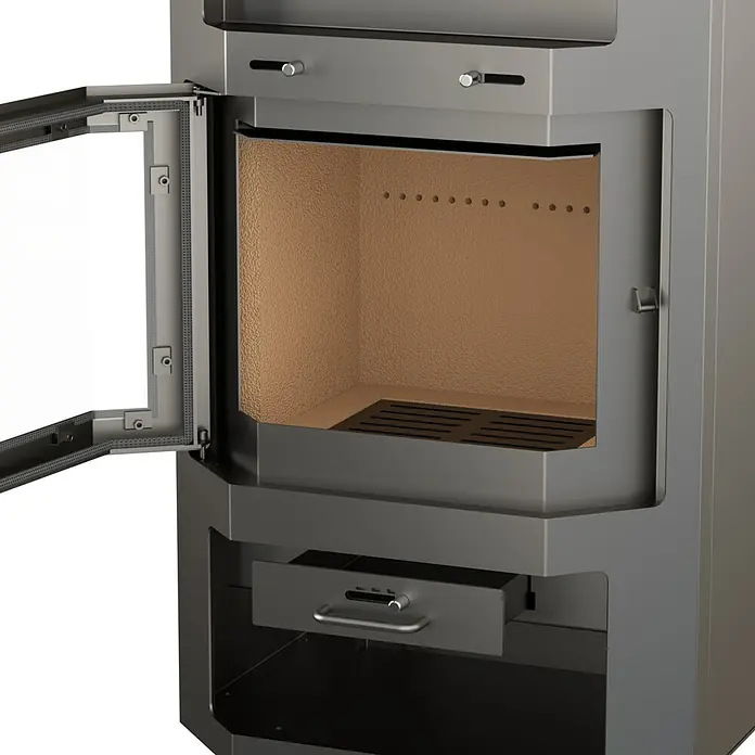 Kaminofen Bali Max - 8,5 kW, Raumheizvermögen: 244 m³, Verkleidung: Stahl, Grau - Dunkelgrauer Holzofen aus Metall mit geöffneter Glastür, der den hellbraunen Brennraum und die Ascheschublade zeigt.